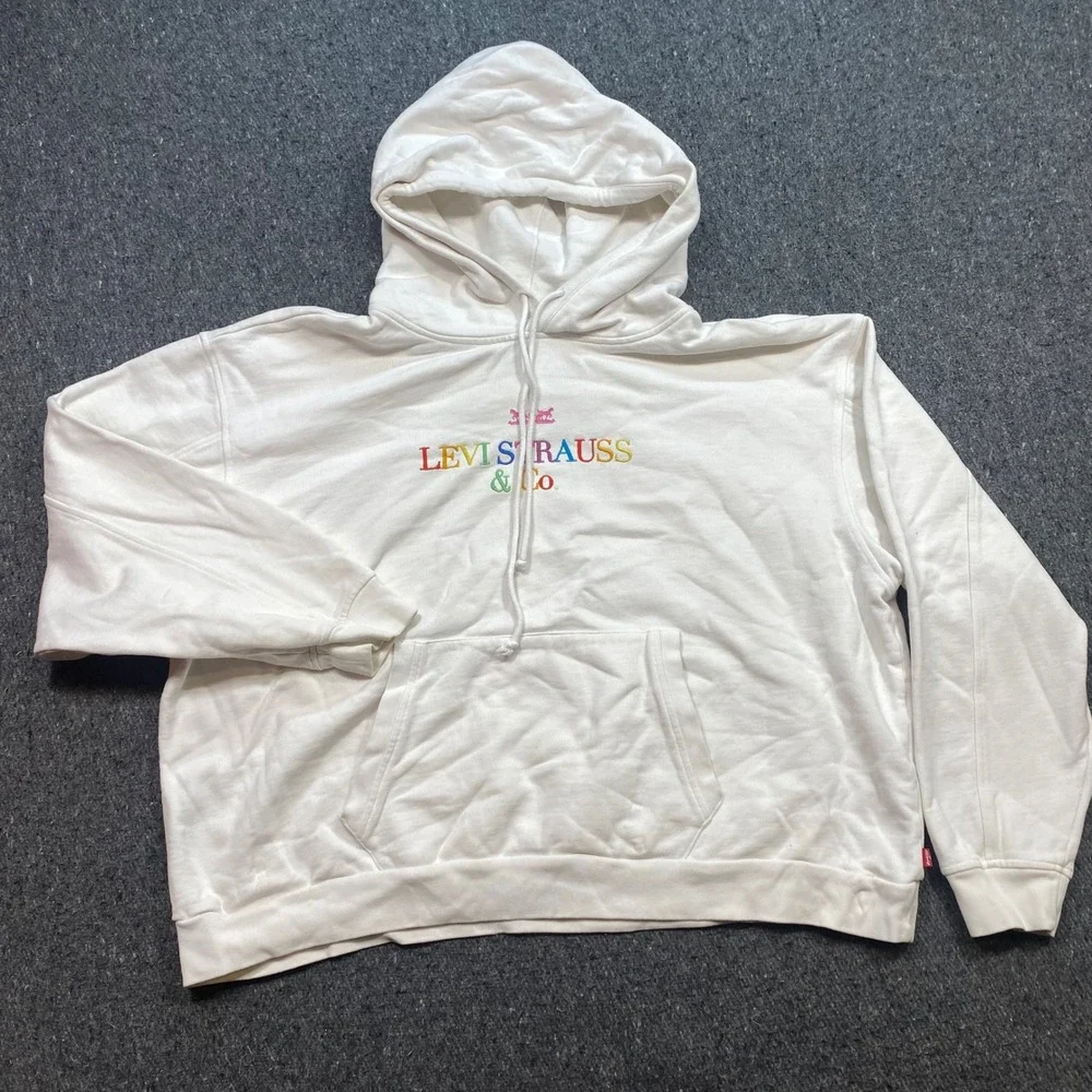 Levi Hoodie Sz XL Mens White Streetwear Rainbow Embroidered Logo Pullover TShirt